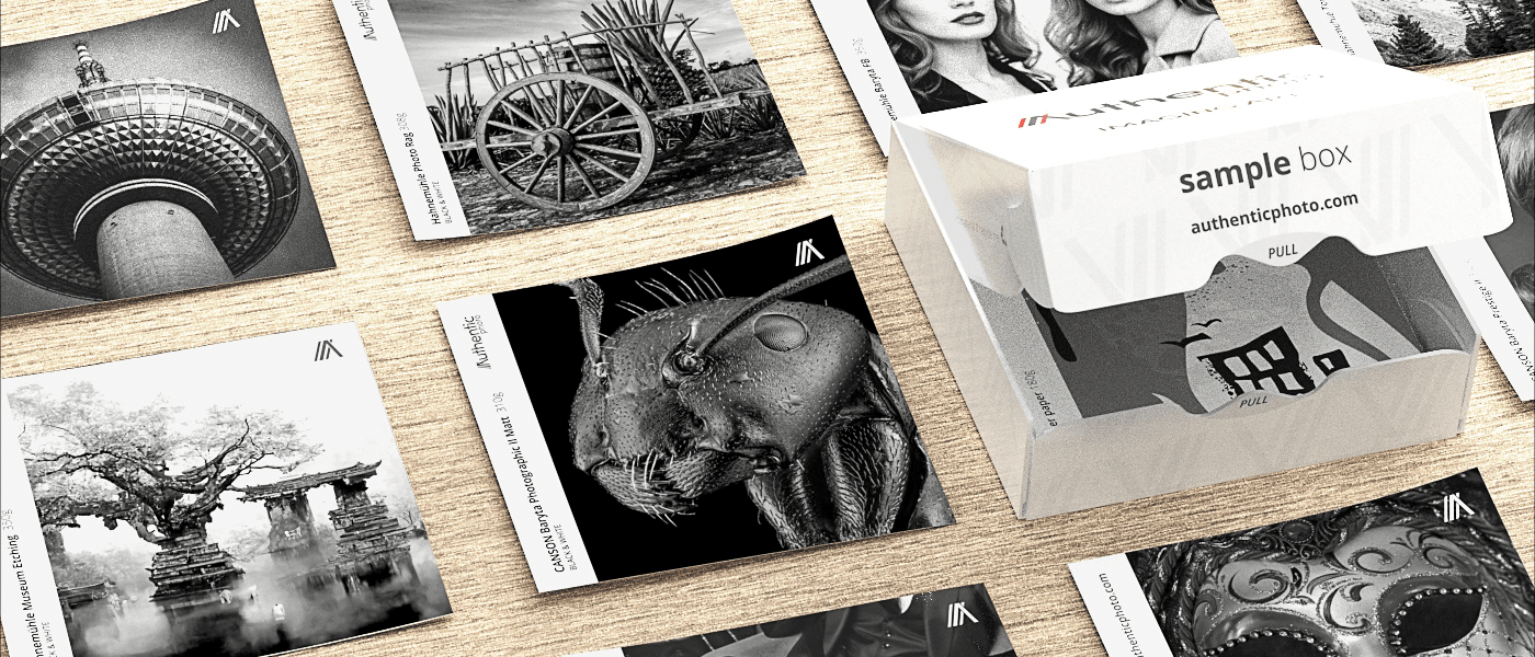 Black-and-white fine art sample set with branded box and monochrome samples on a wooden surface