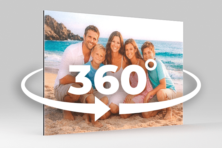 360° view of an Acrylux Classic acrylic print featuring a family beach photo