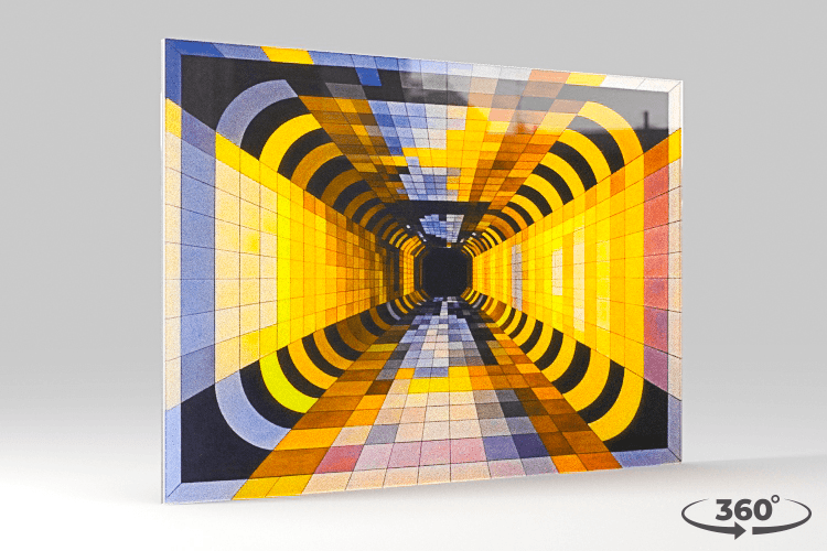 Acrylux Gallery 360° thumbnail: frameless acrylic print of a colourful tunnel artwork with a large 360° overlay.