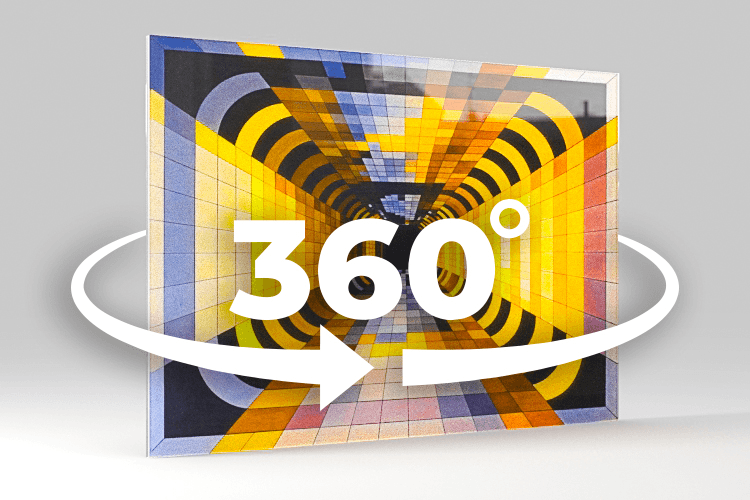Acrylux Gallery 360° thumbnail: frameless acrylic print of a colourful tunnel artwork with a large 360° overlay.