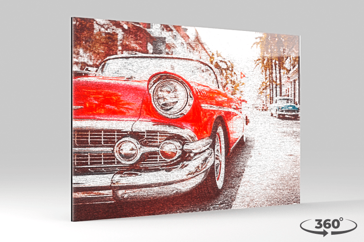 360° view of an Acrylux Metallic acrylic print featuring a vintage red car photo