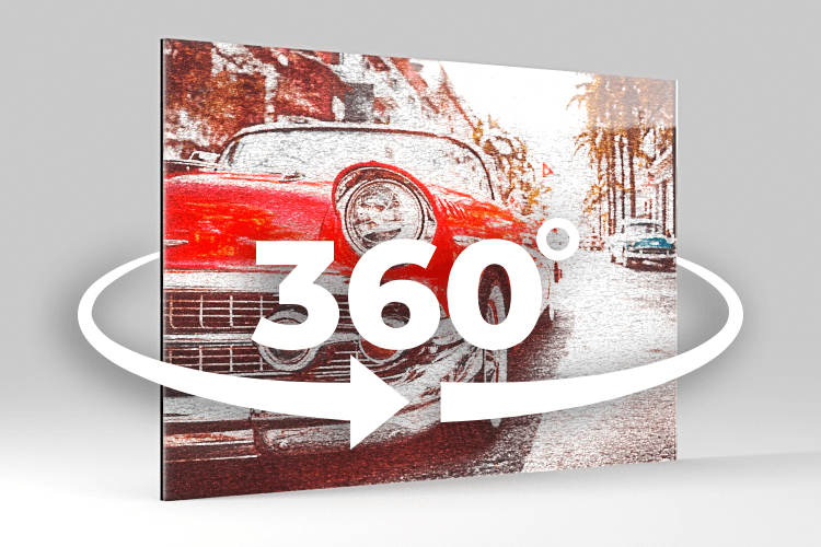 360° view of an Acrylux Metallic acrylic print featuring a vintage red car photo